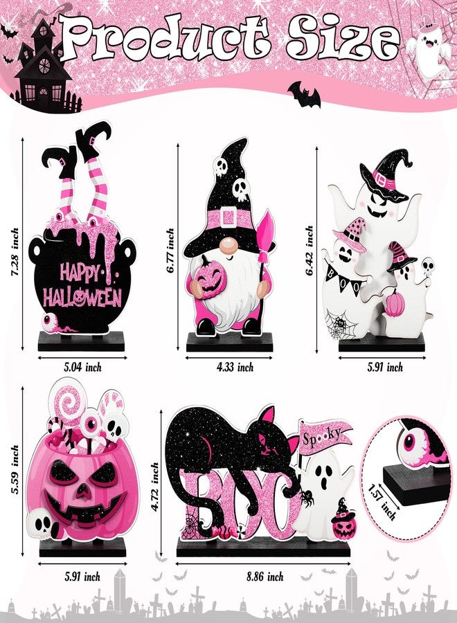 Blosssound 5 Pcs Halloween Table Signs Decor Happy Boo Day Wooden Sign Black and Pink Spooky Gnome Cat Pumpkin Ghost Witch Centerpieces for Halloween Indoor Home Table Party Decorations - Image 2